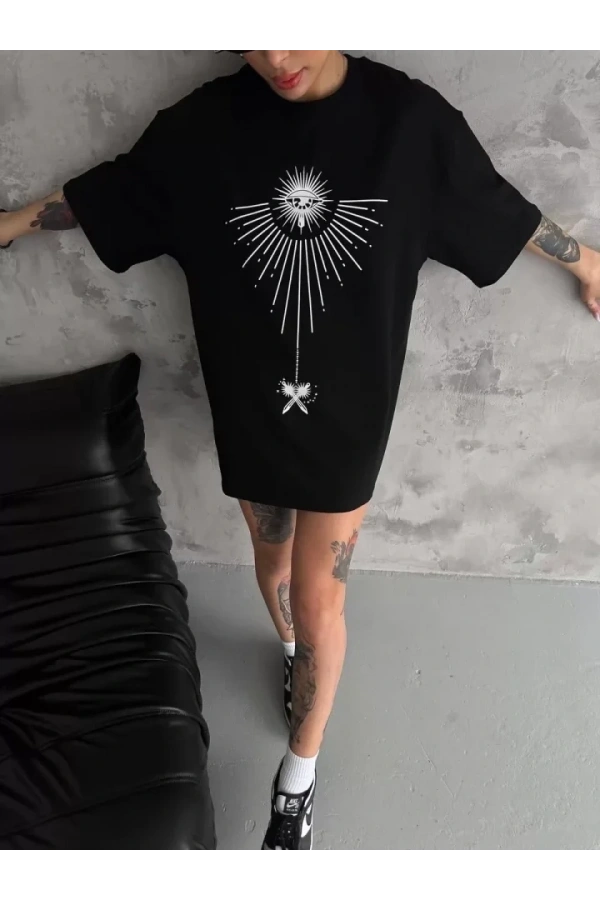 Bidebuvar Unisex Bisiklet Yaka Baskılı Oversize T-Shirt - Siyah