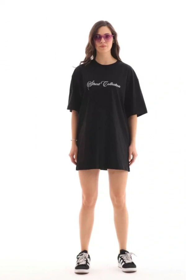 Bidebuvar Unisex Bisiklet Yaka Baskılı Oversize T-Shirt - Siyah