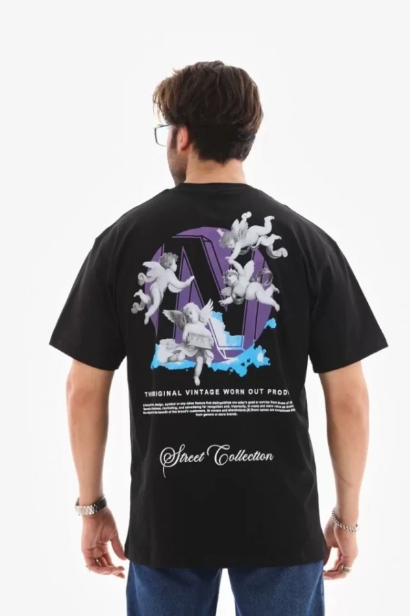 Bidebuvar Unisex Bisiklet Yaka Baskılı Oversize T-Shirt - Siyah