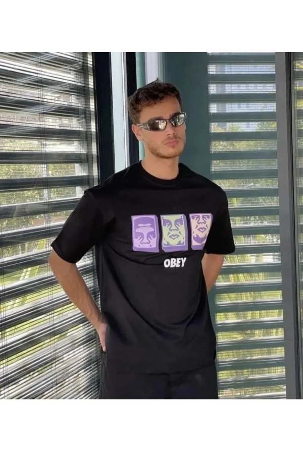 Bidebuvar Unisex Bisiklet Yaka Baskılı Oversize T-Shirt - Siyah