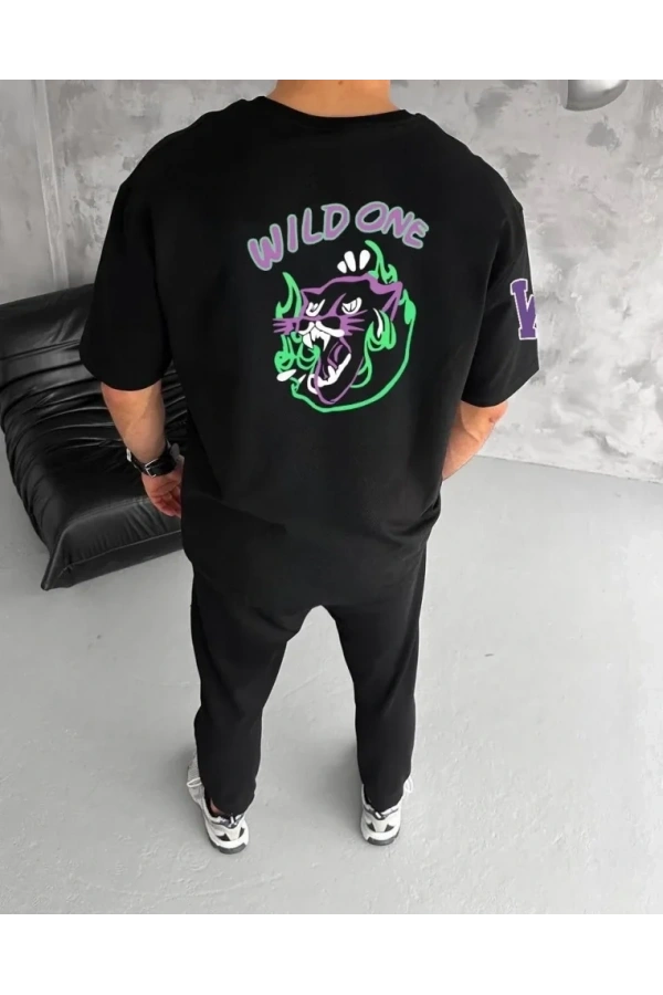 Bidebuvar Unisex Bisiklet Yaka Baskılı Oversize T-Shirt - Siyah