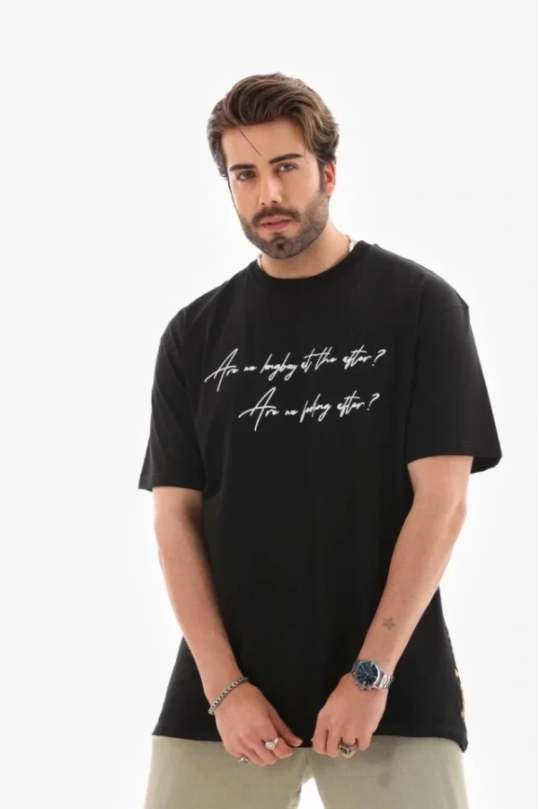 Bidebuvar Unisex Bisiklet Yaka Baskılı Oversize T-Shirt - Siyah