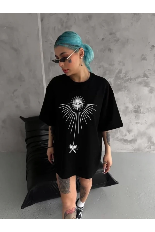 Bidebuvar Unisex Bisiklet Yaka Baskılı Oversize T-Shirt - Siyah