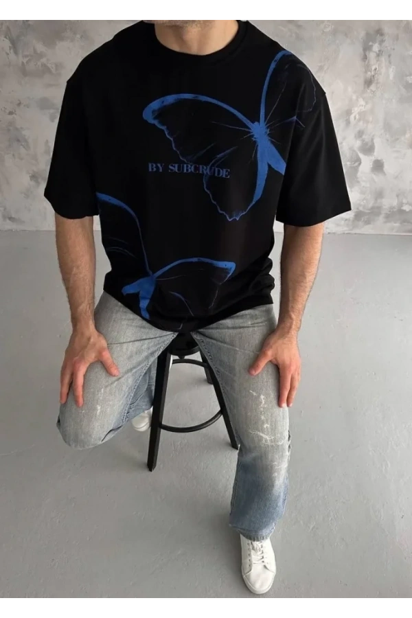 Bidebuvar Unisex Bisiklet Yaka Baskılı Oversize T-Shirt - Siyah