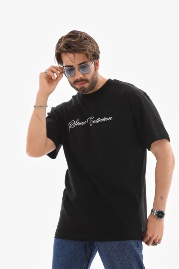 Bidebuvar Unisex Bisiklet Yaka Baskılı Oversize T-Shirt - Siyah