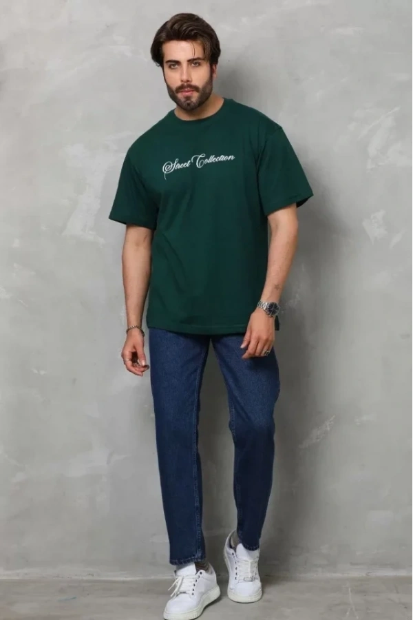 Bidebuvar Unisex Bisiklet Yaka Baskılı Oversize T-Shirt - Yeşil