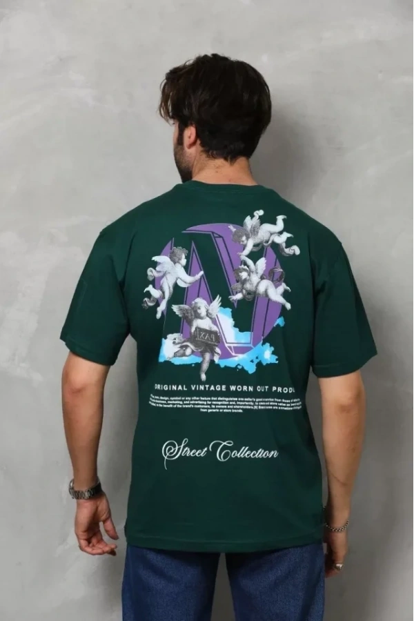 Bidebuvar Unisex Bisiklet Yaka Baskılı Oversize T-Shirt - Yeşil