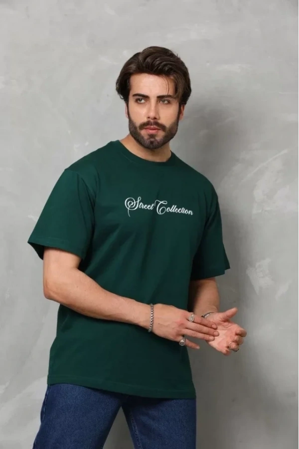 Bidebuvar Unisex Bisiklet Yaka Baskılı Oversize T-Shirt - Yeşil