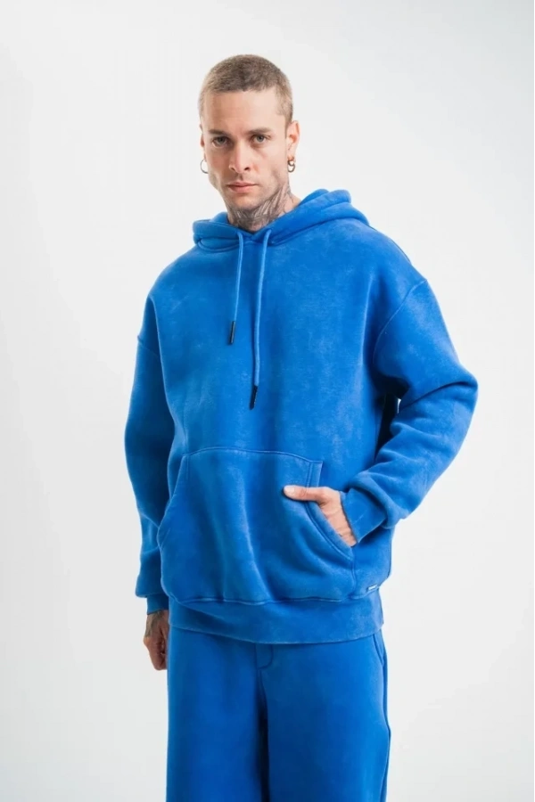 Bidebuvar Unisex Double Oversize Kapşonlu Yıkamalı SweatShirt - Mavi