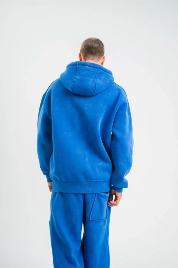 Bidebuvar Unisex Double Oversize Kapşonlu Yıkamalı SweatShirt - Mavi