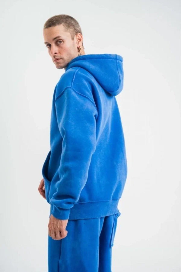 Bidebuvar Unisex Double Oversize Kapşonlu Yıkamalı SweatShirt - Mavi