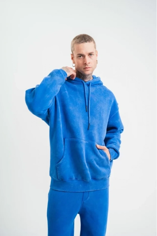 Bidebuvar Unisex Double Oversize Kapşonlu Yıkamalı SweatShirt - Mavi