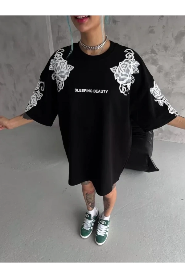 Bidebuvar Unisex Flok Kabartma Baskılı T-Shirt - Siyah