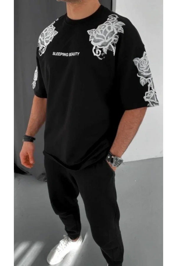 Bidebuvar Unisex Flok Kabartma Baskılı T-Shirt - Siyah