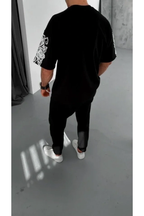 Bidebuvar Unisex Flok Kabartma Baskılı T-Shirt - Siyah