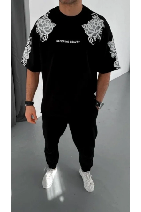 Bidebuvar Unisex Flok Kabartma Baskılı T-Shirt - Siyah