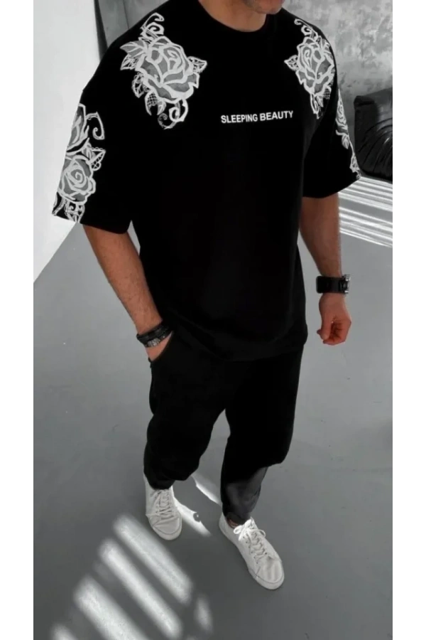 Bidebuvar Unisex Flok Kabartma Baskılı T-Shirt - Siyah