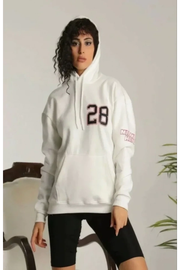 Bidebuvar Unisex Kapşonlu Baskılı Sweetshirt - Beyaz