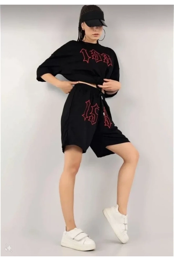 Bidebuvar Unisex Nakış İşlemeli Şort Takım - Siyah