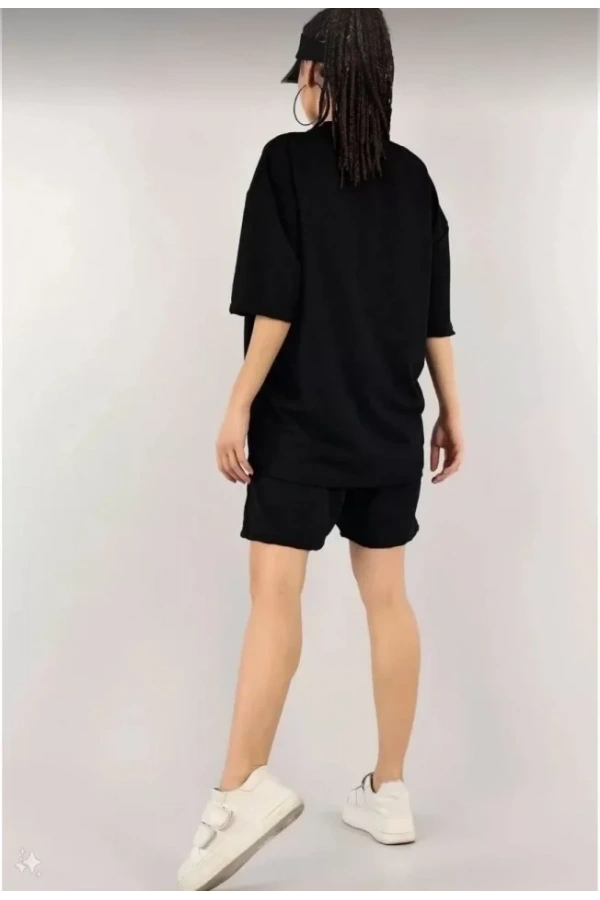 Bidebuvar Unisex Nakış İşlemeli Şort Takım - Siyah