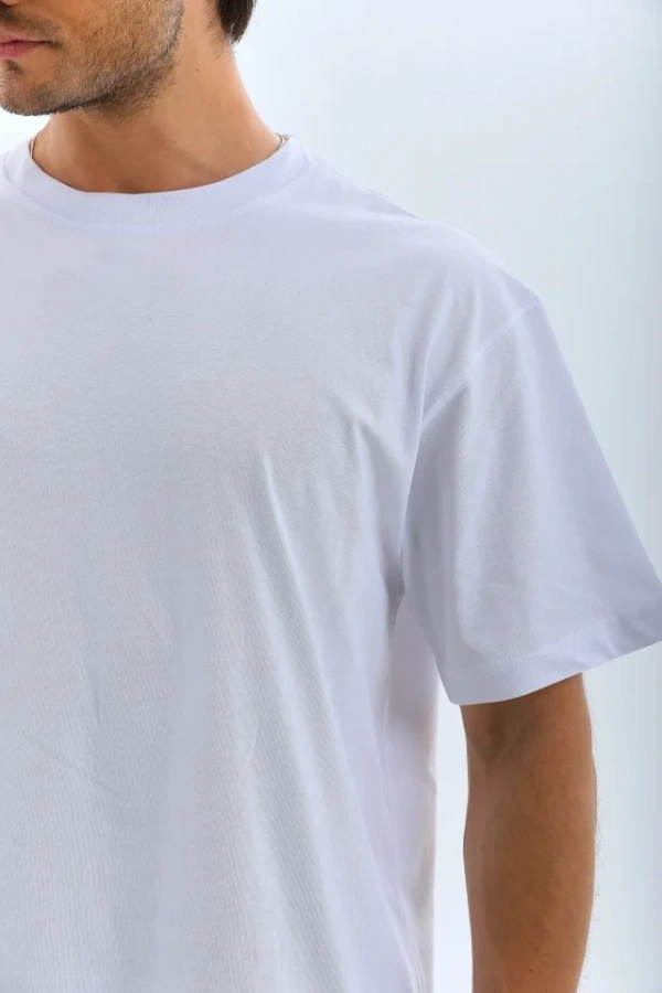 Bidebuvar Unisex Oversize Düz Bisiklet Yaka T-Shirt - Beyaz