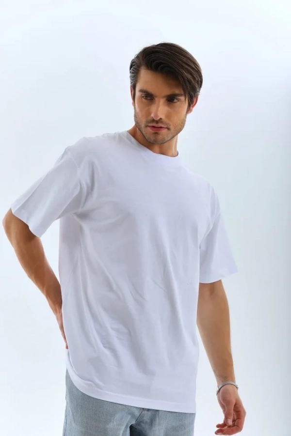 Bidebuvar Unisex Oversize Düz Bisiklet Yaka T-Shirt - Beyaz