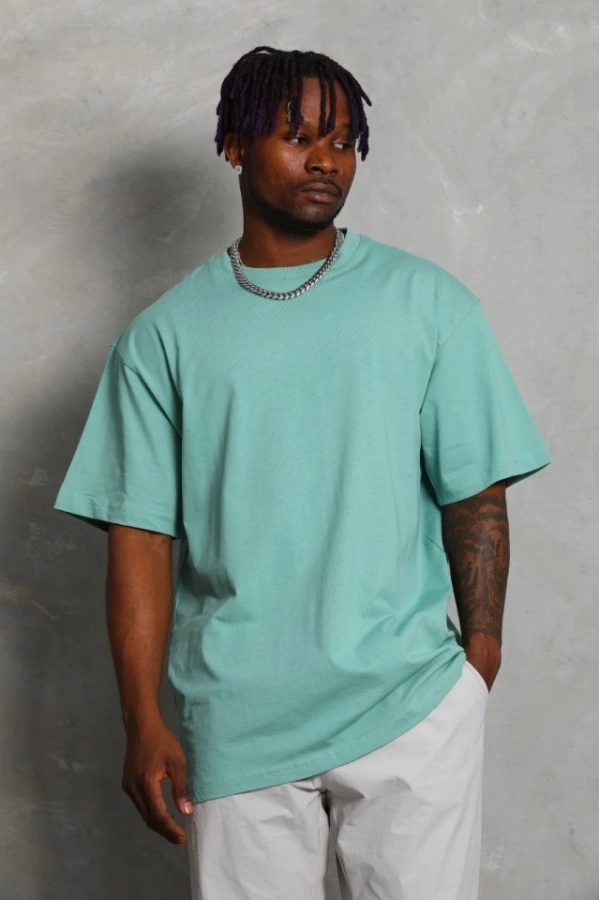 Bidebuvar Unisex Oversize Düz Bisiklet Yaka T-Shirt - Mint Yeşili