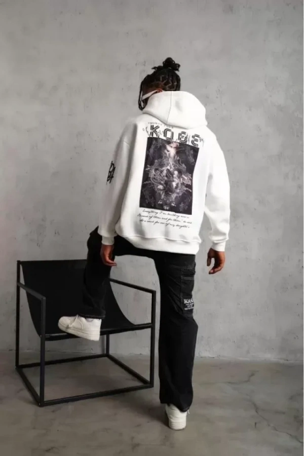 Bidebuvar Unisex Sırt Baskılı Kapüşonlu Üç İplik Oversize Sweatshirt - Beyaz
