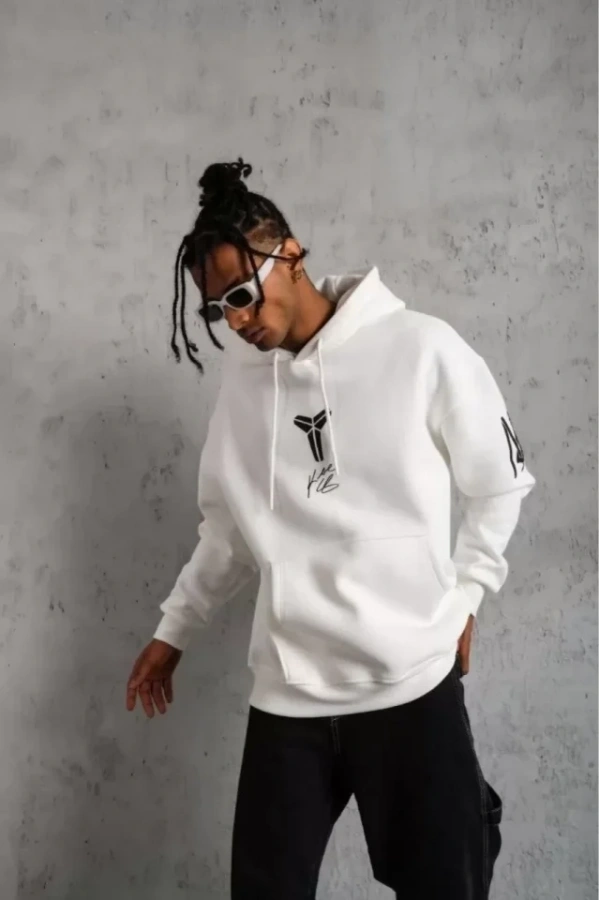 Bidebuvar Unisex Sırt Baskılı Kapüşonlu Üç İplik Oversize Sweatshirt - Beyaz