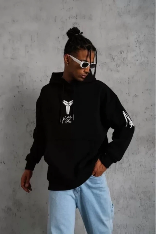 Bidebuvar Unisex Sırt Baskılı Kapüşonlu Üç İplik Oversize Sweatshirt - Siyah