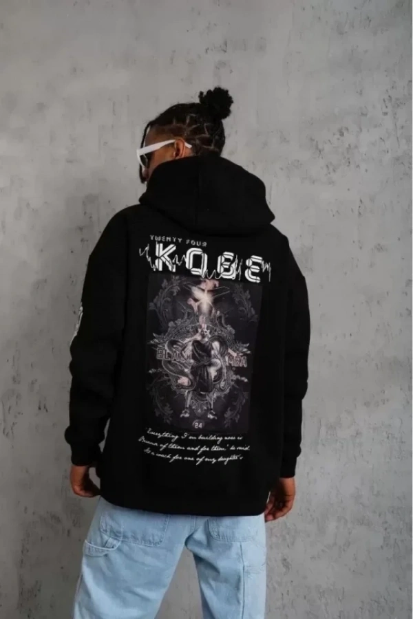 Bidebuvar Unisex Sırt Baskılı Kapüşonlu Üç İplik Oversize Sweatshirt - Siyah