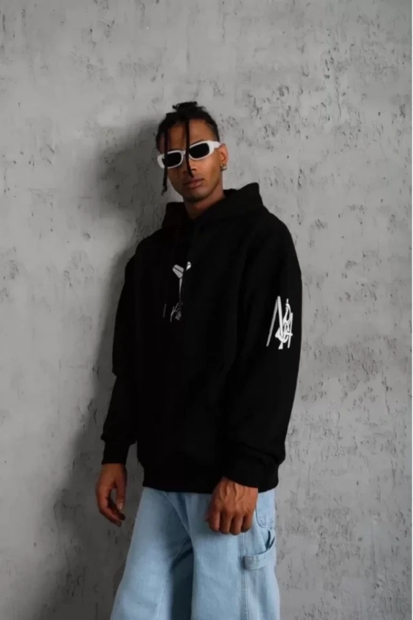 Bidebuvar Unisex Sırt Baskılı Kapüşonlu Üç İplik Oversize Sweatshirt - Siyah