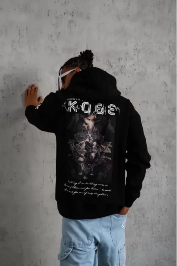 Bidebuvar Unisex Sırt Baskılı Kapüşonlu Üç İplik Oversize Sweatshirt - Siyah