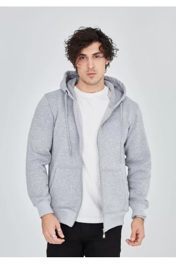 Bidebuvar Unisex Tam Fermuarlı Kapşonlu  SweatShirt - Gri