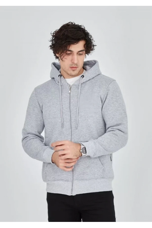 Bidebuvar Unisex Tam Fermuarlı Kapşonlu  SweatShirt - Gri