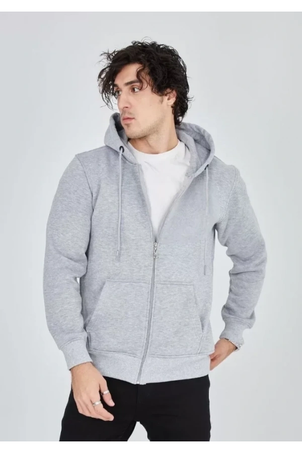 Bidebuvar Unisex Tam Fermuarlı Kapşonlu  SweatShirt - Gri