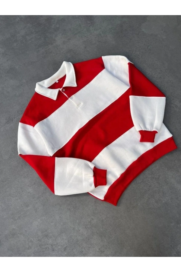 Bidebuvar Unisex Üç İplik Parçalı Yakalı SweatShirt - Kırmızı