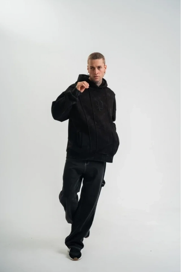 Bidebuvar Unisex Uzun Kol Kapşonlu Yıkamalı Nakışlı SweatShirt - Siyah