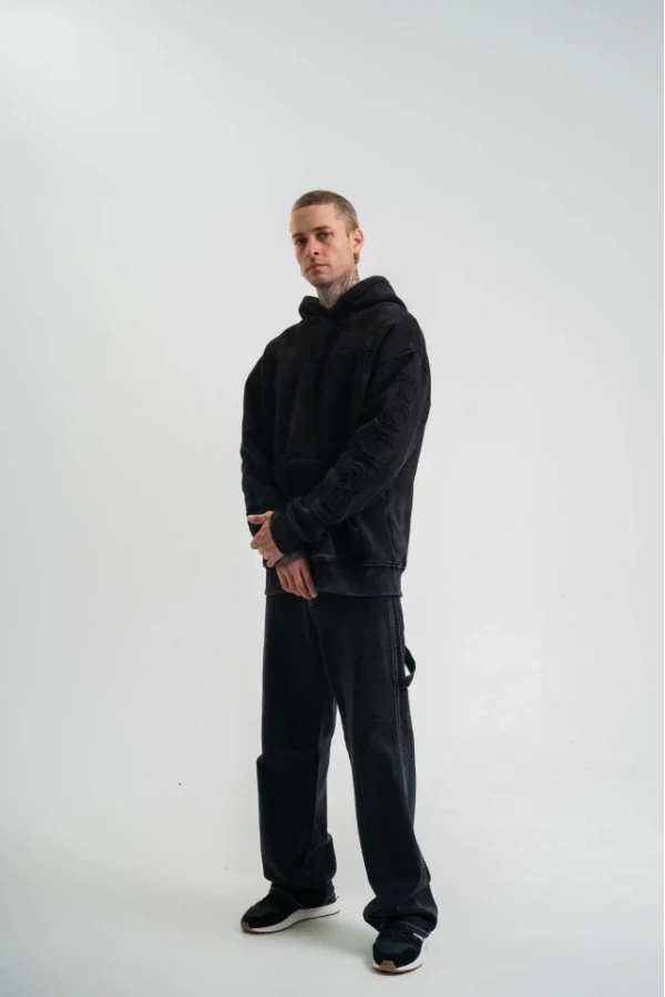 Bidebuvar Unisex Uzun Kol Kapşonlu Yıkamalı Nakışlı SweatShirt - Siyah