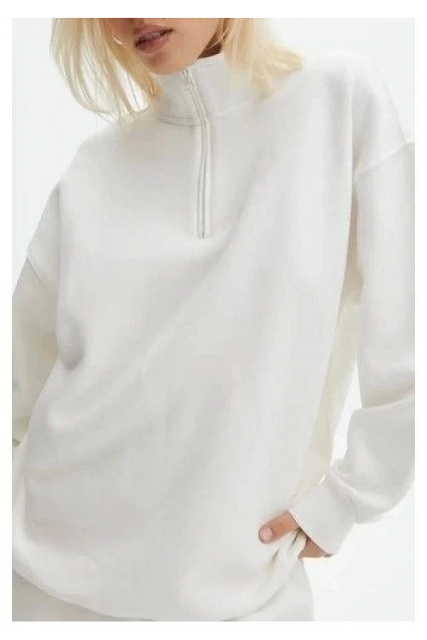 Bidebuvar Unisex Uzun Kol Yarım Farmuarlı Yakalı Basic SweatShirt - Beyaz
