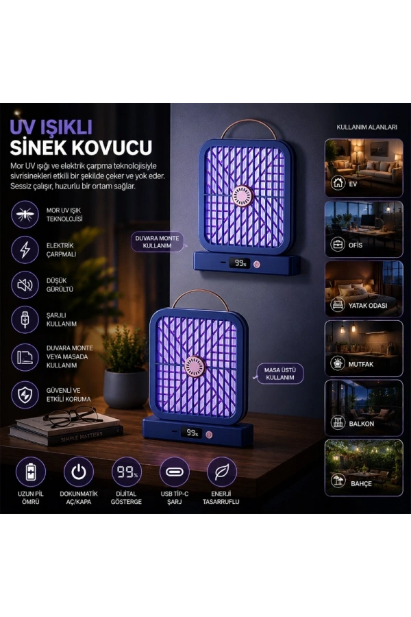 Bidebuvar UV Işıklı Sinek Kovucu - Şarjlı ve Elektrik Çarpmalı - Dijital Ekranlı