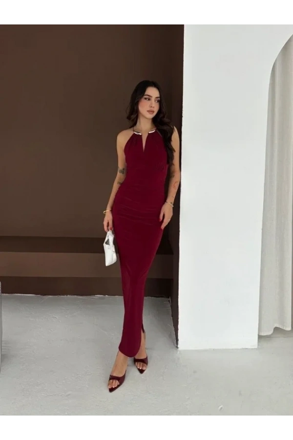 Bidebuvar Uzun Abiye Elbise Yırtmaçlı Sırt Dekolteli Şık Gece Elbisesi - Bordo