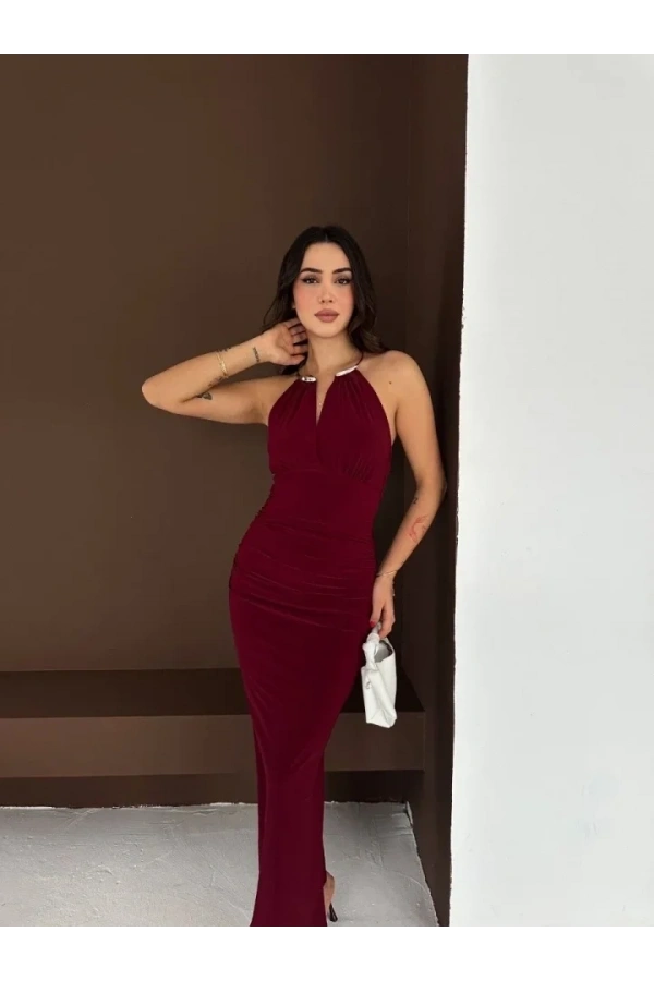 Bidebuvar Uzun Abiye Elbise Yırtmaçlı Sırt Dekolteli Şık Gece Elbisesi - Bordo