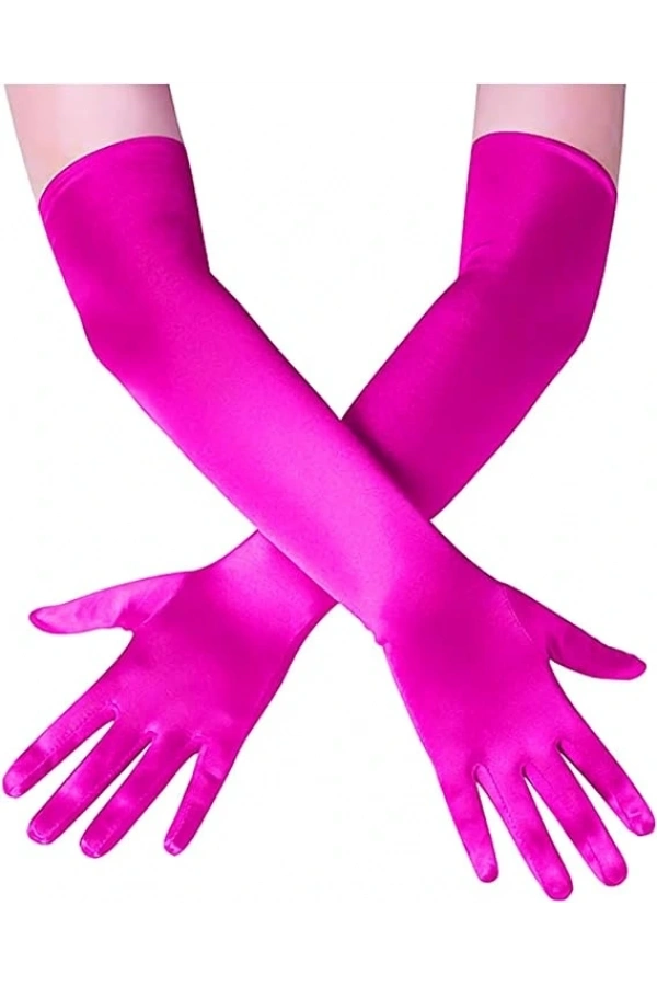 Bidebuvar Uzun Boy Ekstra Parlak Saten Eldiven Fuşya Renk
