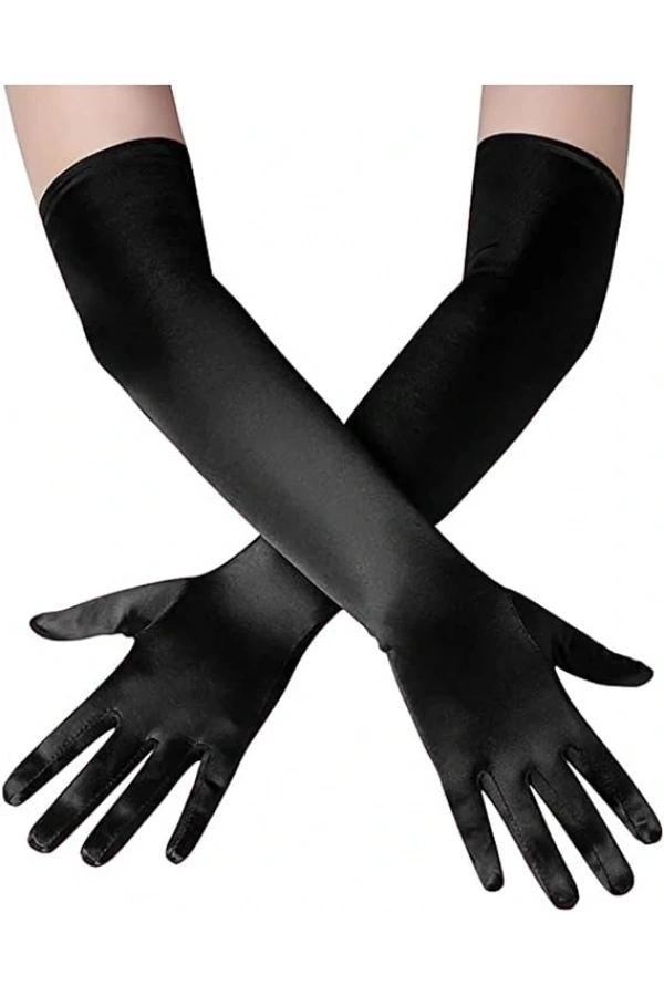 Bidebuvar Uzun Boy Ekstra Parlak Saten Eldiven Siyah Renk