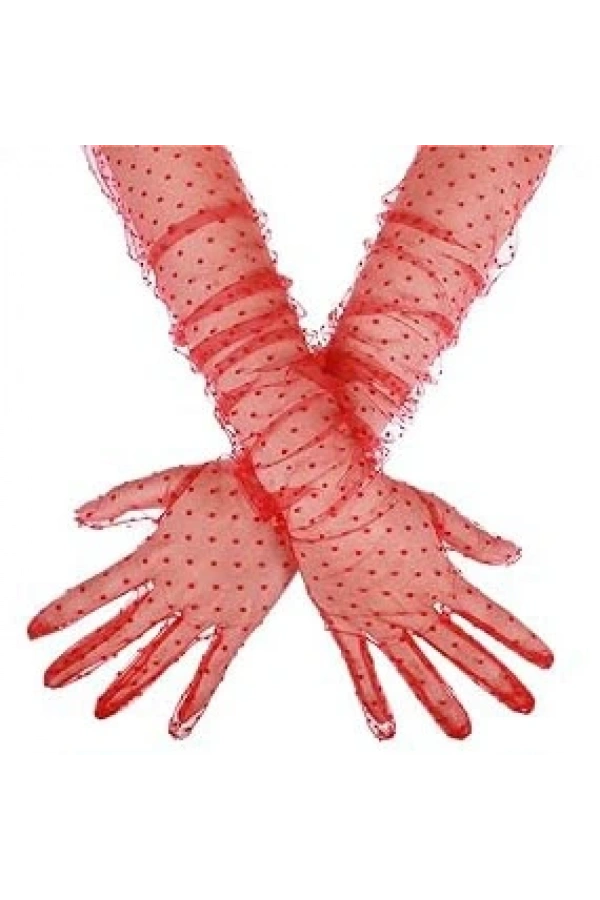 Bidebuvar Uzun Boy Kırmızı Puantiyeli Kırmızı Renk Yetişkin Tül Eldiven