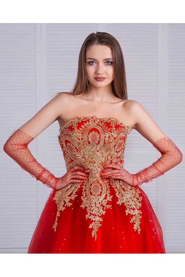 Bidebuvar Uzun Boy Kırmızı Puantiyeli Kırmızı Renk Yetişkin Tül Eldiven