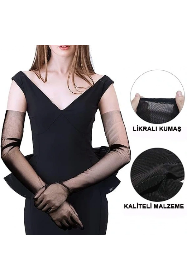Bidebuvar Uzun Boy Likralı Siyah Yetişkin Mega Tül Eldiven