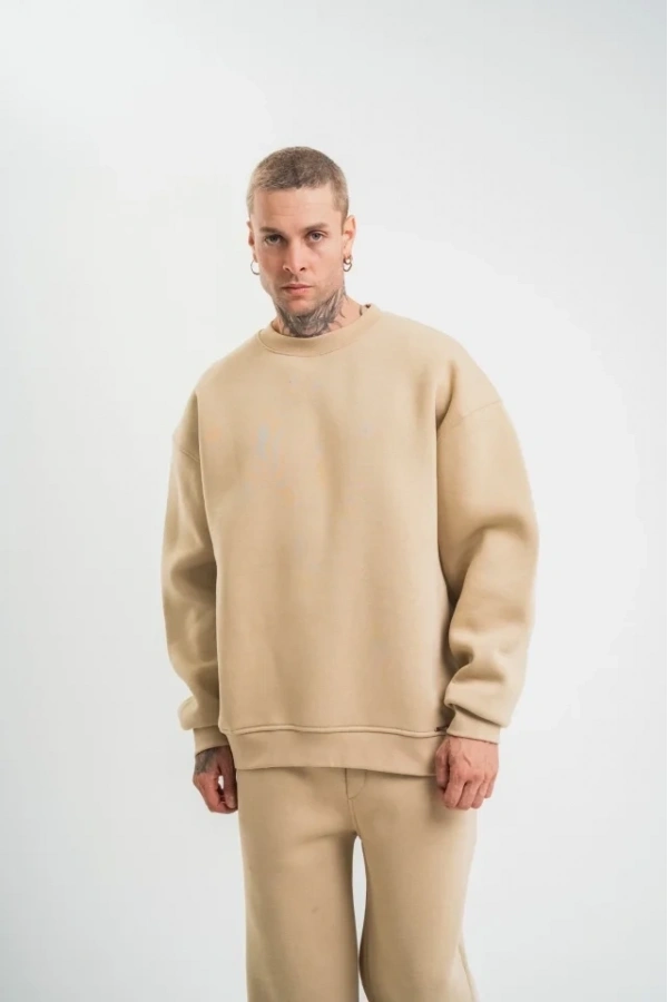 Bidebuvar Uzun Kol Bisiklet Yaka Basic SweatShirt - Bej