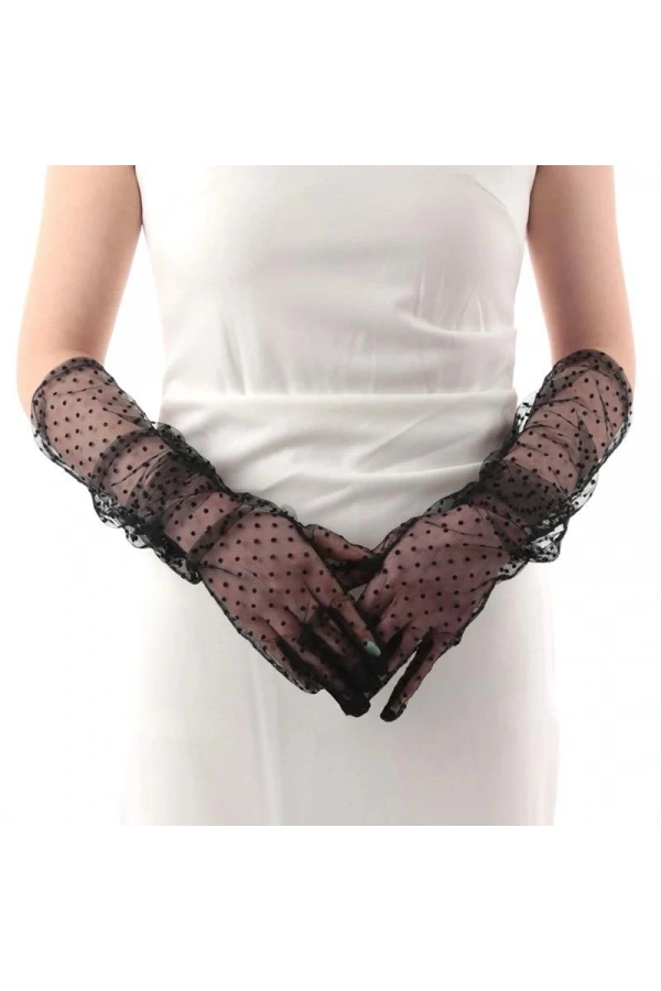 Bidebuvar Uzun Siyah Puantiyeli Yetişkin Tül Eldiven